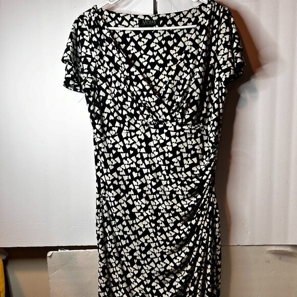 Lauren Ralph Lauren black wrap‎ dress with white hearts. Size 14. EUC. - Picture 1 of 7